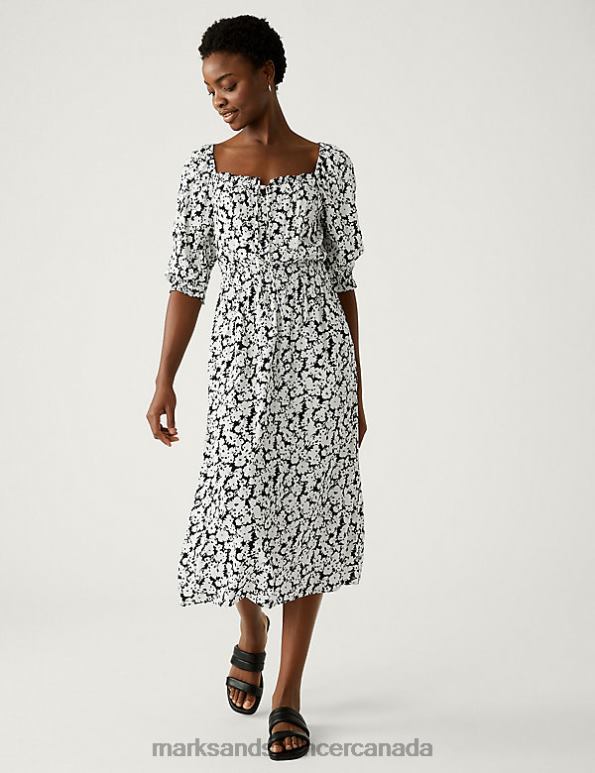 Marks and Spencer Canada - Women Black Mix Clothing Marks & Spencer Printed Square Neck Midi Waisted Dress 20VTD474