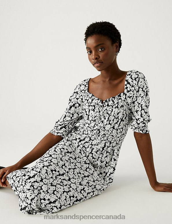 Marks and Spencer Canada - Women Black Mix Clothing Marks & Spencer Printed Square Neck Midi Waisted Dress 20VTD474