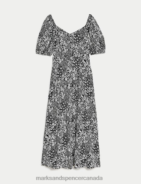 Marks and Spencer Canada - Women Black Mix Clothing Marks & Spencer Printed Sweetheart Neckline Midi Tea Dress 20VTD1637