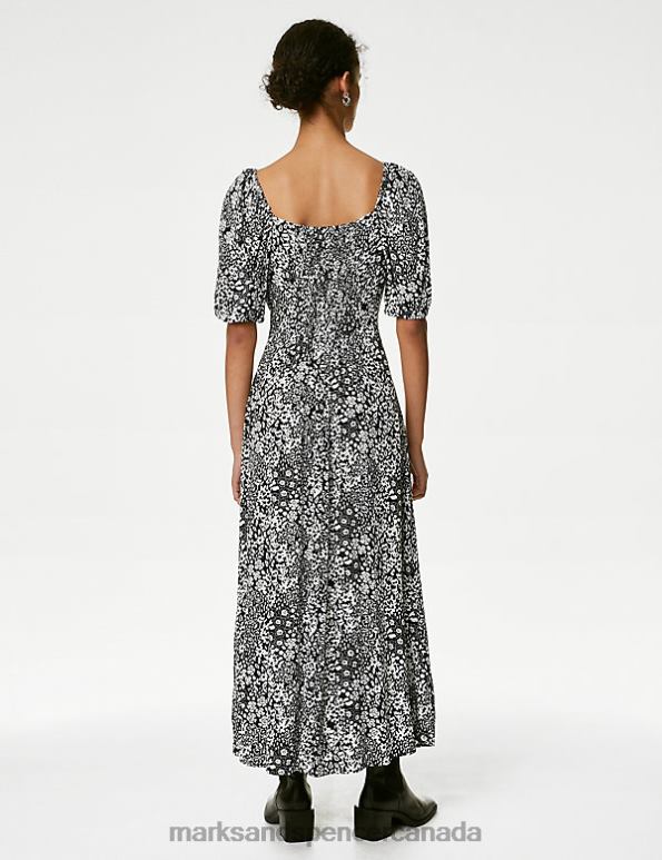 Marks and Spencer Canada - Women Black Mix Clothing Marks & Spencer Printed Sweetheart Neckline Midi Tea Dress 20VTD1637