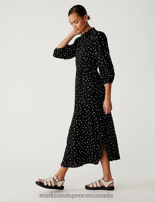 Women Black Mix Clothing Marks & Spencer Printed Tie Waist Midi Shirt Dress 20VTD2329 - Marks and Spencer outlet