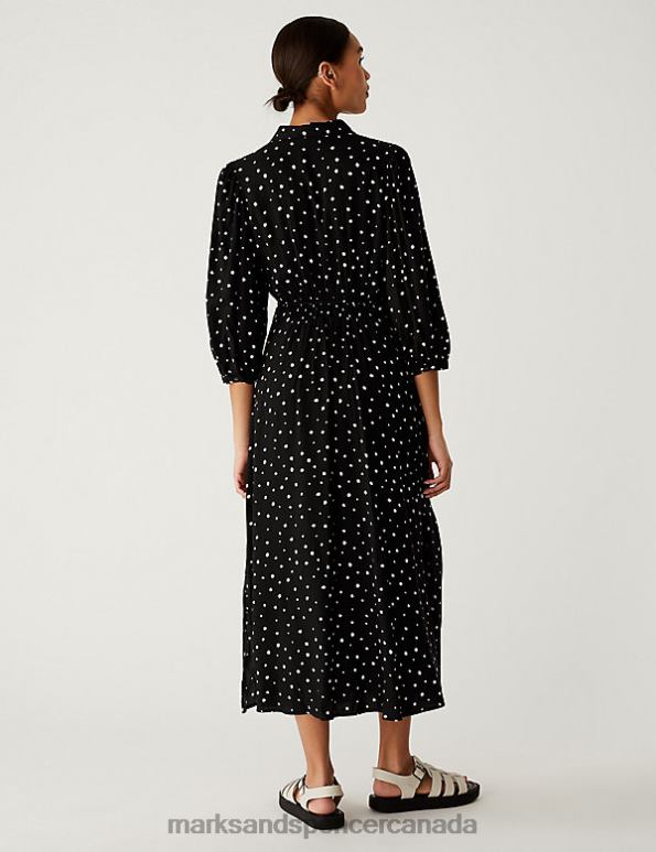Women Black Mix Clothing Marks & Spencer Printed Tie Waist Midi Shirt Dress 20VTD2329 - Marks and Spencer outlet