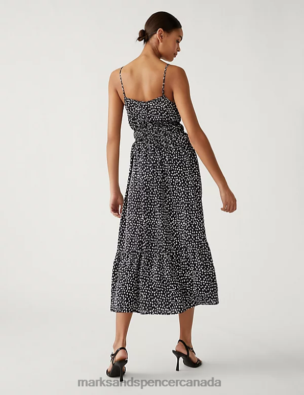 Women Black Mix Clothing Marks & Spencer Printed V-Neck Midaxi Waisted Dress 20VTD2266 - Marks and Spencer Canada locations