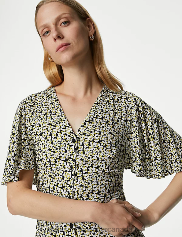 Marks and Spencer near me - Women Black Mix Clothing Marks & Spencer Printed V-Neck Midi Tea Dress 20VTD1421