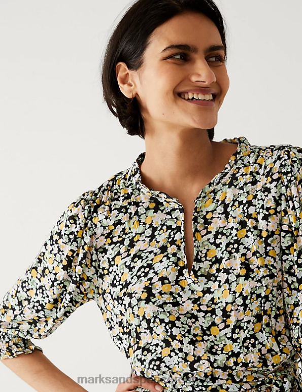 Marks and Spencer near me - Women Black Mix Clothing Marks & Spencer Printed V-Neck Midi Waisted Dress 20VTD1879