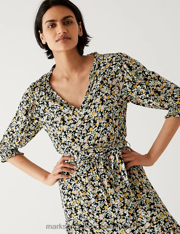 Marks and Spencer near me - Women Black Mix Clothing Marks & Spencer Printed V-Neck Midi Waisted Dress 20VTD1879