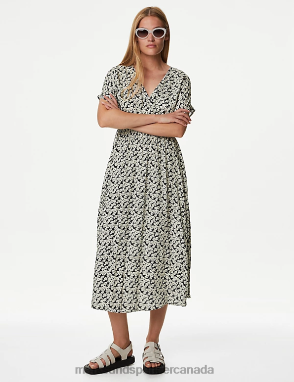 Marks and Spencer Canada - Women Black Mix Clothing Marks & Spencer Printed V-Neck Midi Wrap Dress 20VTD551