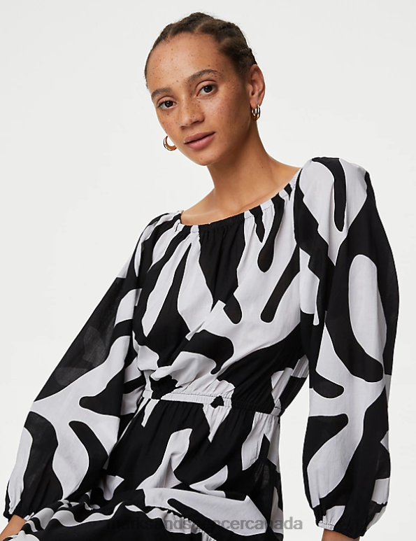 Women Black Mix Clothing Marks & Spencer Pure Cotton Printed Bardot Midaxi Beach Dress 20VTD473 - Marks and Spencer outlet