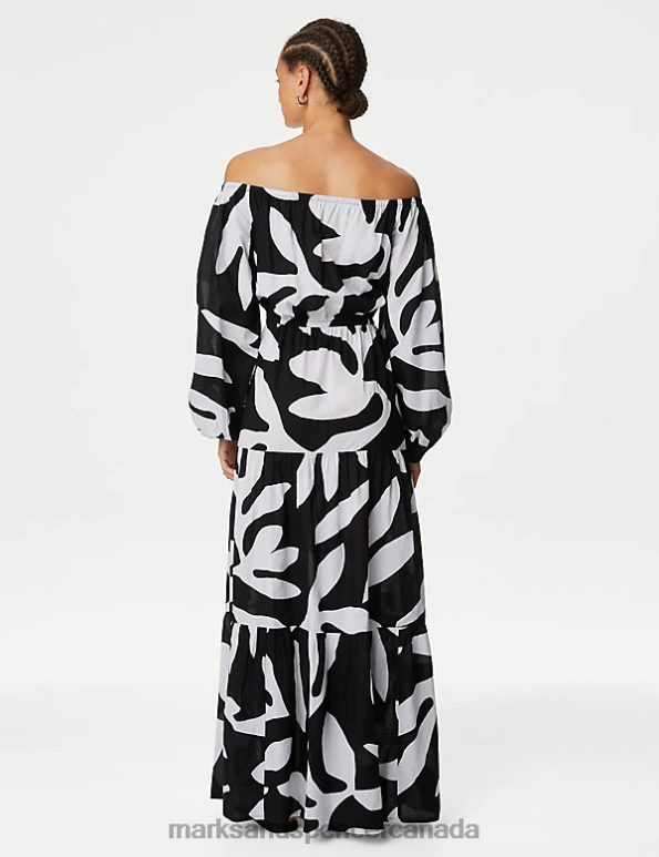 Women Black Mix Clothing Marks & Spencer Pure Cotton Printed Bardot Midaxi Beach Dress 20VTD473 - Marks and Spencer outlet