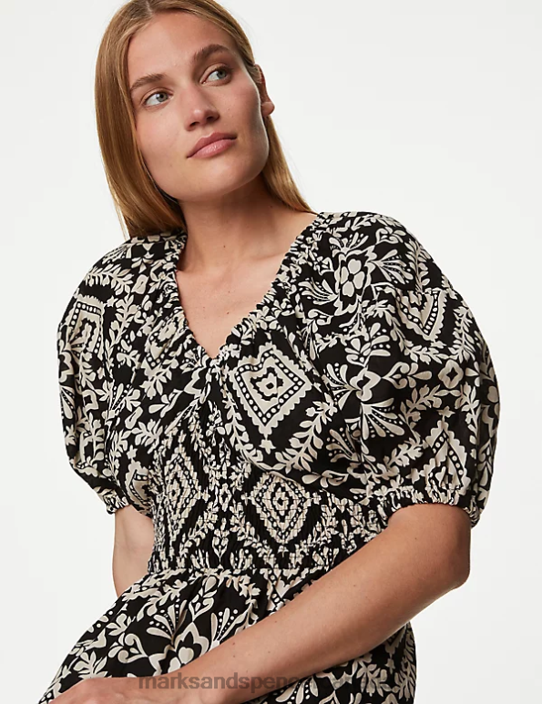 Women Black Mix Clothing Marks & Spencer Pure Cotton V-Neck Midaxi Waisted Dress 20VTD1182 - Marks and Spencer online