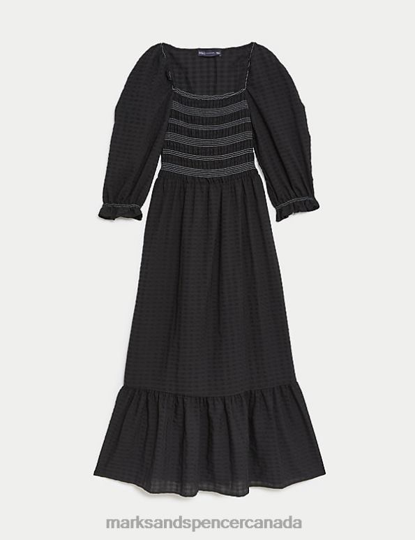 Marks and Spencer Canada - Women Black Mix Clothing Marks & Spencer Textured Square Neck Shirred Midaxi Dress 20VTD3288