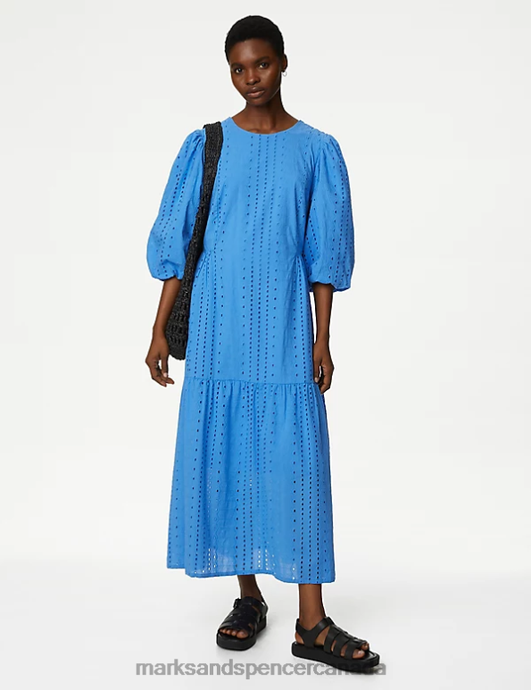 Women Blue Clothing Marks & Spencer Pure Cotton Broderie Midi Tiered Dress 20VTD132 - Marks and Spencer Canada locations