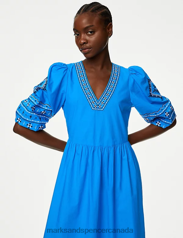 Marks and Spencer sale - Women Blue Clothing Marks & Spencer Pure Cotton Embroidered V-Neck Midi Dress 20VTD98