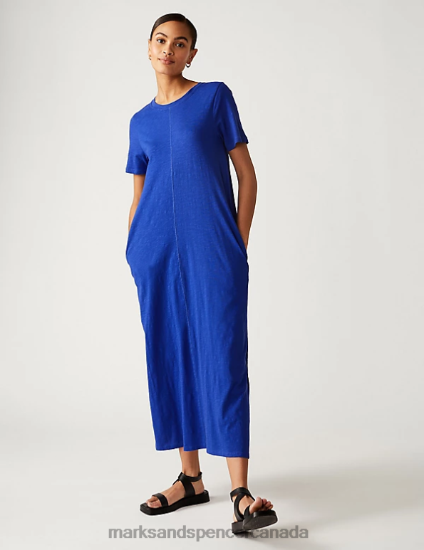 Marks and Spencer Canada - Women Blue Clothing Marks & Spencer Pure Cotton Round Neck Midaxi T-Shirt Dress 20VTD1413