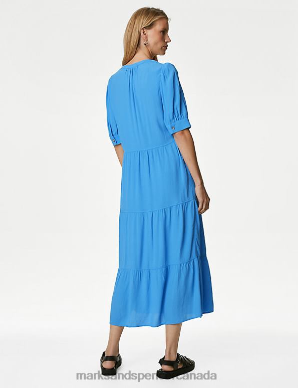 Women Blue Clothing Marks & Spencer V-Neck Midi Relaxed Tiered Dress 20VTD1192 - Marks and Spencer outlet