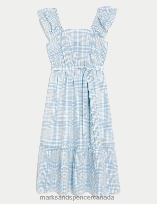 Women Blue Mix Clothing Marks & Spencer Checked Frill Sleeve Tiered Midi Dress 20VTD2455 - Marks and Spencer online