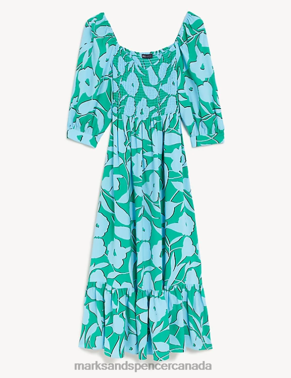 Marks and Spencer Canada - Women Blue Mix Clothing Marks & Spencer Floral Square Neck Midi Smock Dress 20VTD2437