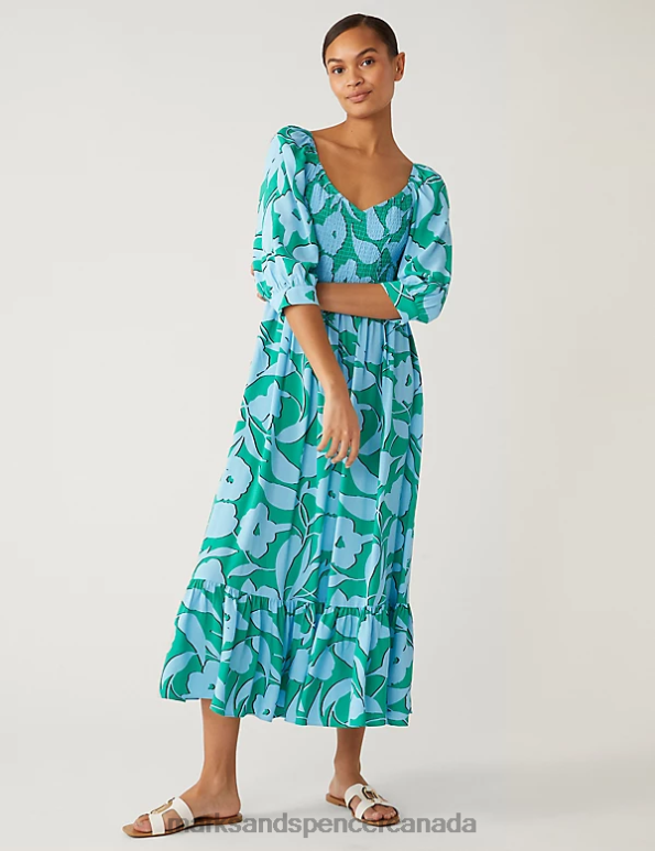 Marks and Spencer Canada - Women Blue Mix Clothing Marks & Spencer Floral Square Neck Midi Smock Dress 20VTD2437
