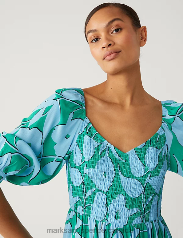 Marks and Spencer Canada - Women Blue Mix Clothing Marks & Spencer Floral Square Neck Midi Smock Dress 20VTD2437