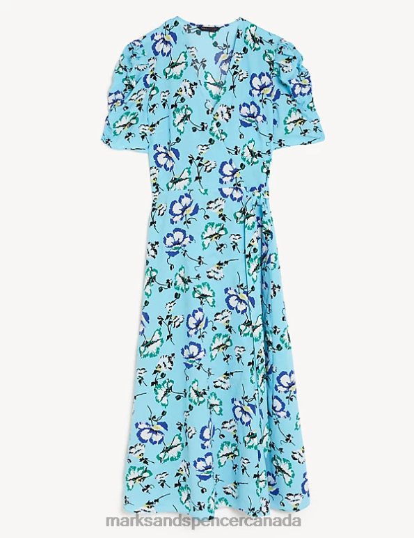 Marks and Spencer near me - Women Blue Mix Clothing Marks & Spencer Floral V-Neck Tie Waist Midi Wrap Dress 20VTD1171