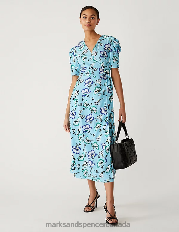 Marks and Spencer near me - Women Blue Mix Clothing Marks & Spencer Floral V-Neck Tie Waist Midi Wrap Dress 20VTD1171