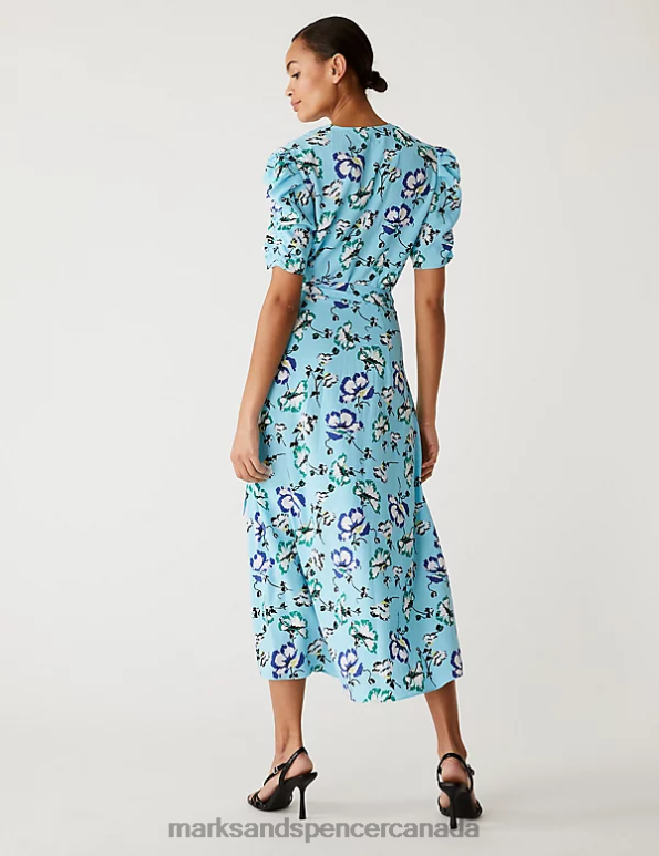 Marks and Spencer near me - Women Blue Mix Clothing Marks & Spencer Floral V-Neck Tie Waist Midi Wrap Dress 20VTD1171