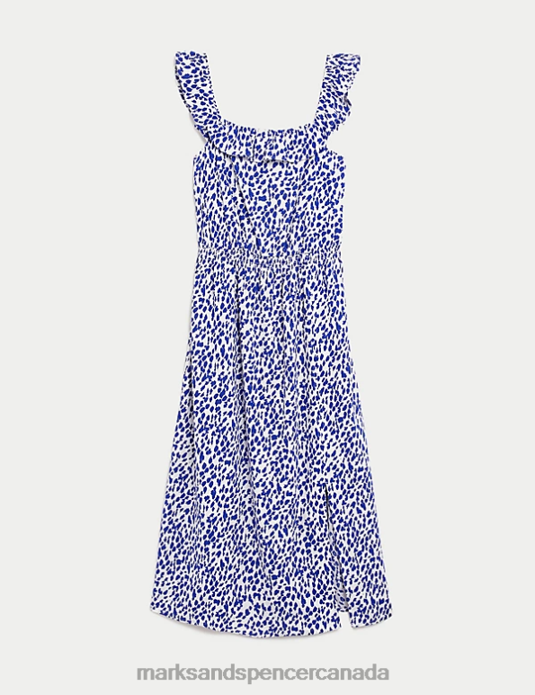 Women Blue Mix Clothing Marks & Spencer Linen Blend Printed Square Neck Midi Dress 20VTD3054 - Marks and Spencer online