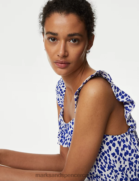 Women Blue Mix Clothing Marks & Spencer Linen Blend Printed Square Neck Midi Dress 20VTD3054 - Marks and Spencer online