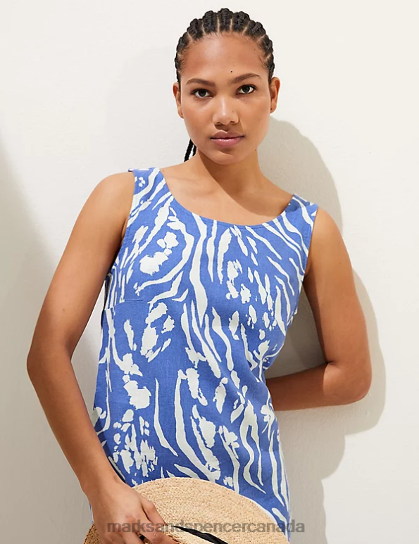 Marks and Spencer near me - Women Blue Mix Clothing Marks & Spencer Linen Rich Printed Round Neck Shift Dress 20VTD2404
