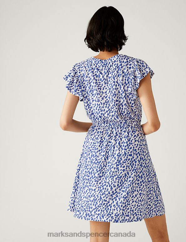 Women Blue Mix Clothing Marks & Spencer Linen Rich Printed V-Neck Mini Waisted Dress 20VTD2055 - Marks and Spencer outlet
