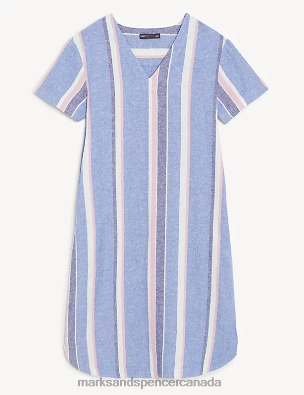 Women Blue Mix Clothing Marks & Spencer Linen Rich Striped V-Neck Midi Shift Dress 20VTD2224 - Marks and Spencer Canada locations