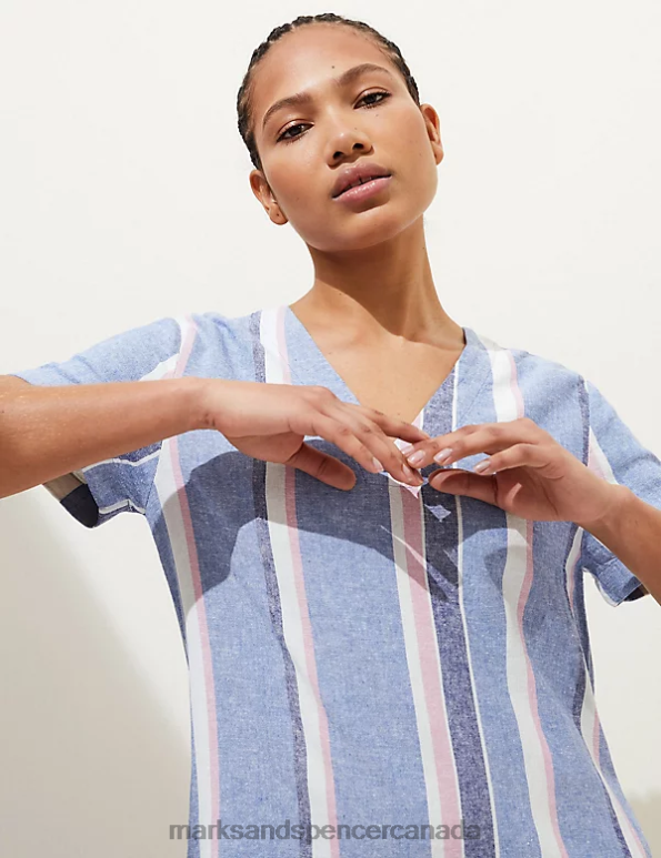 Women Blue Mix Clothing Marks & Spencer Linen Rich Striped V-Neck Midi Shift Dress 20VTD2224 - Marks and Spencer Canada locations