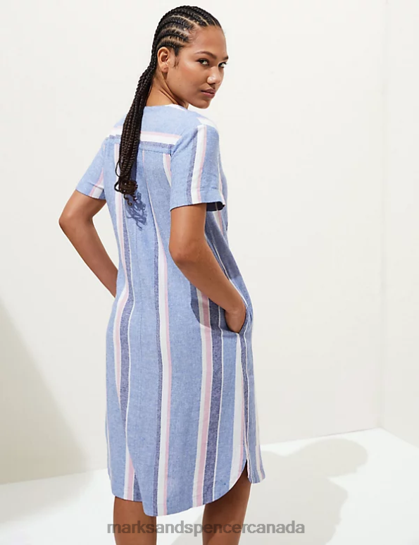 Women Blue Mix Clothing Marks & Spencer Linen Rich Striped V-Neck Midi Shift Dress 20VTD2224 - Marks and Spencer Canada locations