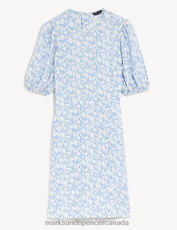 Marks and Spencer sale - Women Blue Mix Clothing Marks & Spencer Printed Round Neck Mini Tea Dress 20VTD838