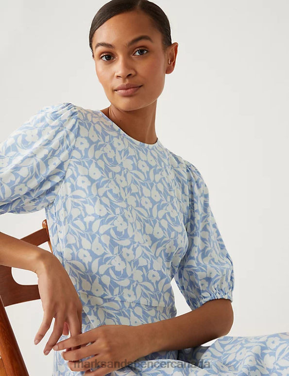 Marks and Spencer sale - Women Blue Mix Clothing Marks & Spencer Printed Round Neck Mini Tea Dress 20VTD838