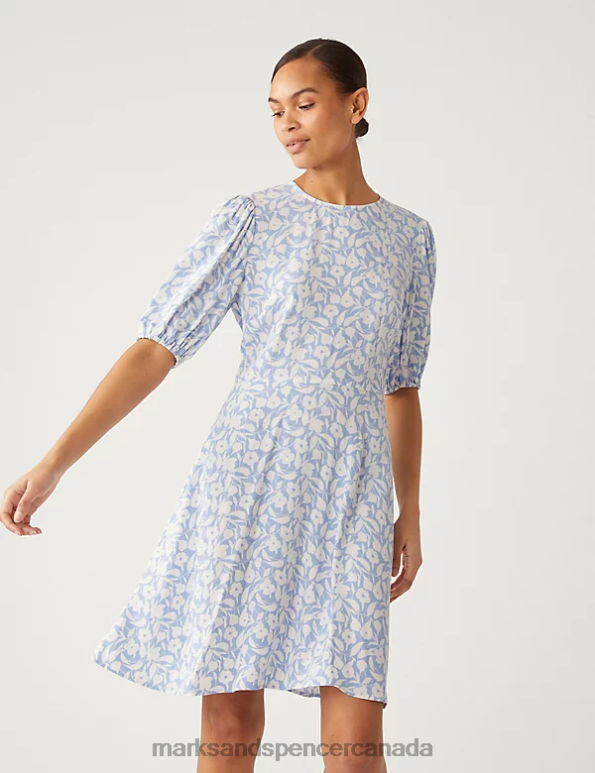 Marks and Spencer sale - Women Blue Mix Clothing Marks & Spencer Printed Round Neck Mini Tea Dress 20VTD838