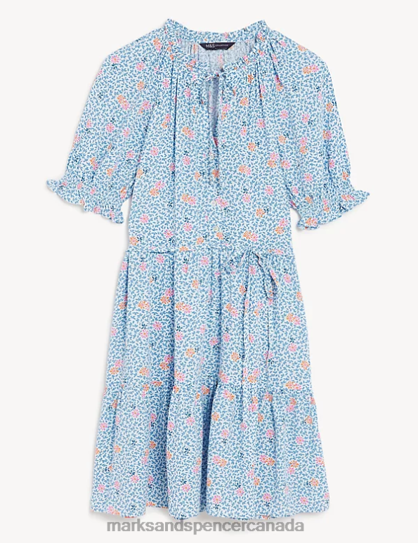 Marks and Spencer near me - Women Blue Mix Clothing Marks & Spencer Printed Tie Neck Mini Tiered Dress 20VTD3293