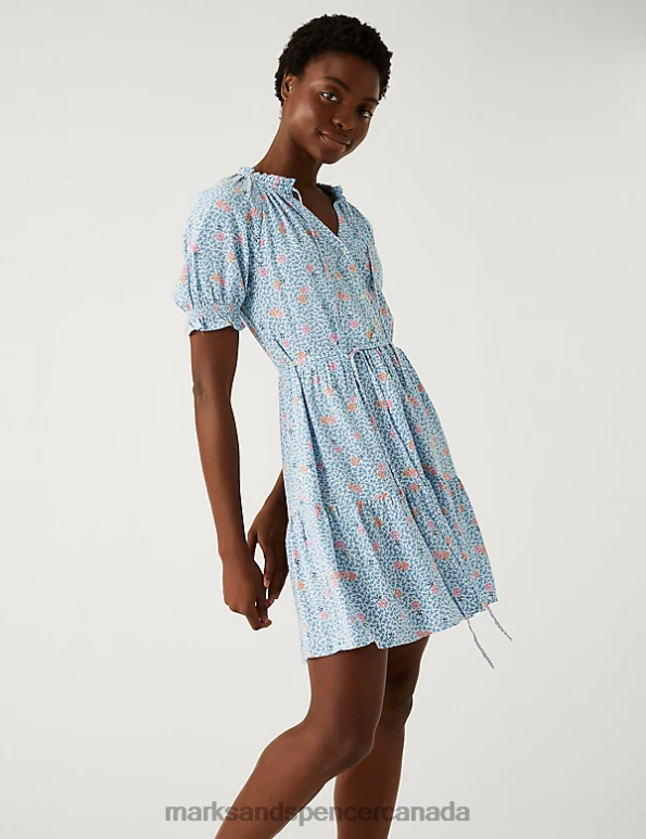 Marks and Spencer near me - Women Blue Mix Clothing Marks & Spencer Printed Tie Neck Mini Tiered Dress 20VTD3293