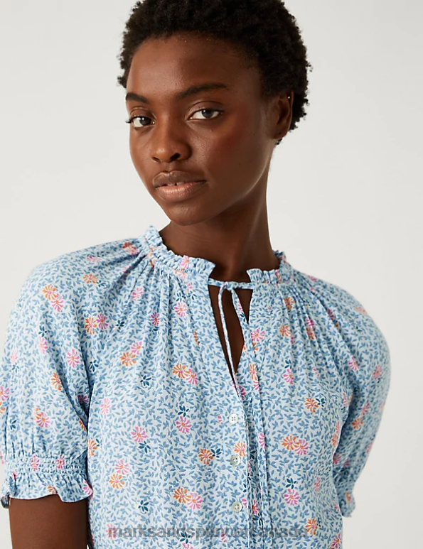 Marks and Spencer near me - Women Blue Mix Clothing Marks & Spencer Printed Tie Neck Mini Tiered Dress 20VTD3293