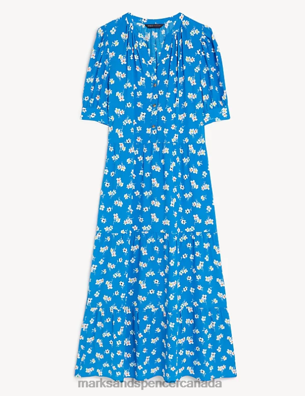 Marks and Spencer near me - Women Blue Mix Clothing Marks & Spencer Printed V-Neck Midi Tiered Dress 20VTD1647