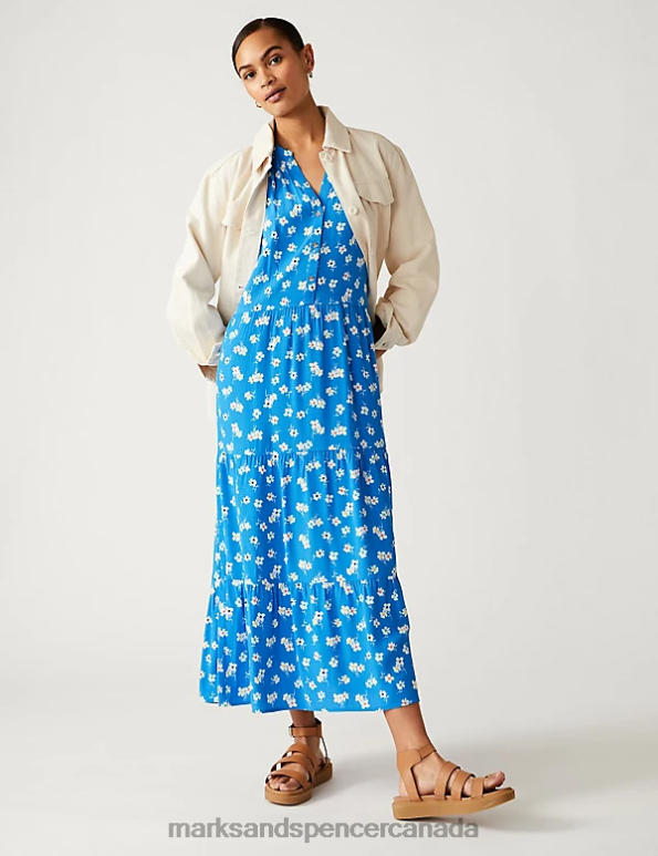 Marks and Spencer near me - Women Blue Mix Clothing Marks & Spencer Printed V-Neck Midi Tiered Dress 20VTD1647