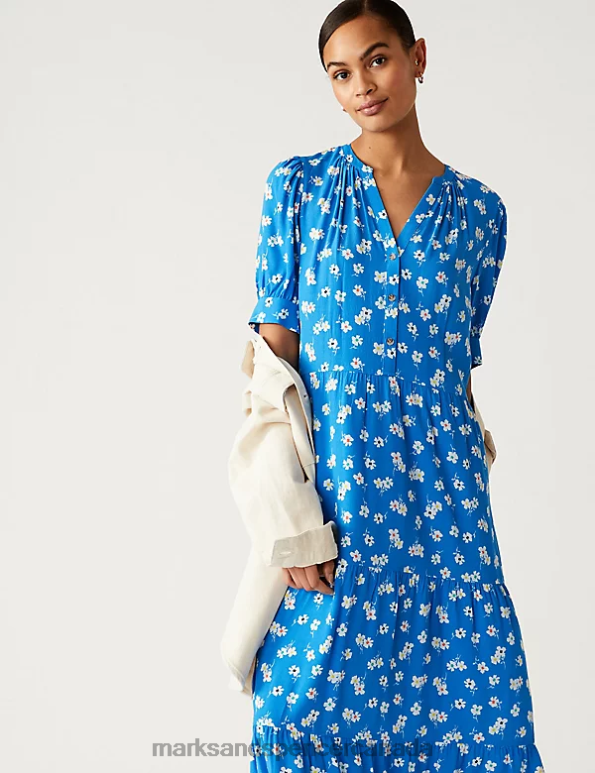 Marks and Spencer near me - Women Blue Mix Clothing Marks & Spencer Printed V-Neck Midi Tiered Dress 20VTD1647