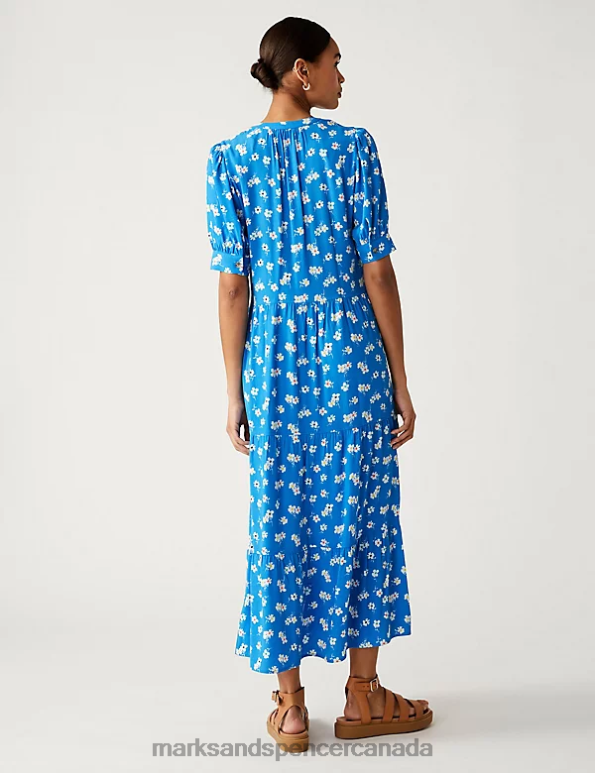 Marks and Spencer near me - Women Blue Mix Clothing Marks & Spencer Printed V-Neck Midi Tiered Dress 20VTD1647