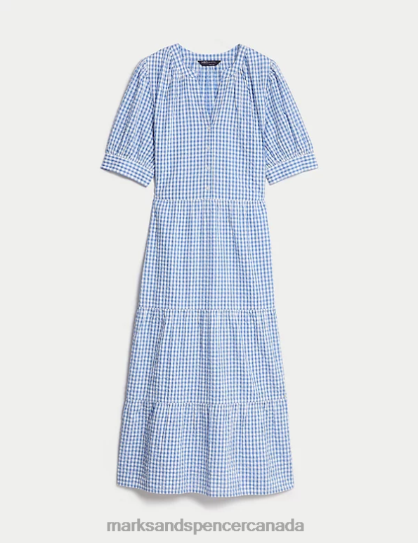Women Blue Mix Clothing Marks & Spencer Pure Cotton Checked V-Neck Midi Tiered Dress 20VTD529 - Marks and Spencer online