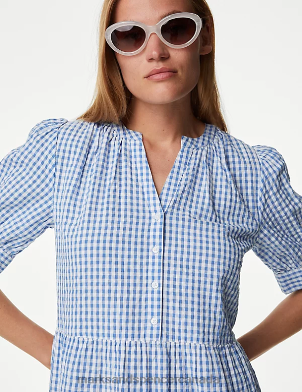 Women Blue Mix Clothing Marks & Spencer Pure Cotton Checked V-Neck Midi Tiered Dress 20VTD529 - Marks and Spencer online