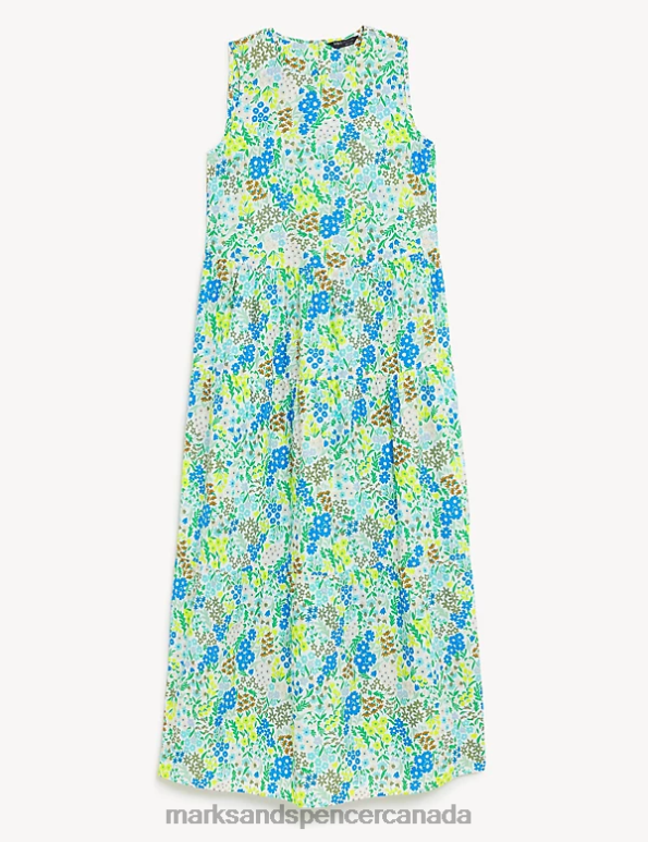 Women Blue Mix Clothing Marks & Spencer Pure Cotton Printed Maxi Tiered Dress 20VTD1320 - Marks and Spencer outlet