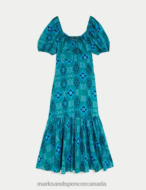 Women Blue Mix Clothing Marks & Spencer Pure Cotton Printed Maxi Tiered Dress 20VTD1874 - Marks and Spencer outlet