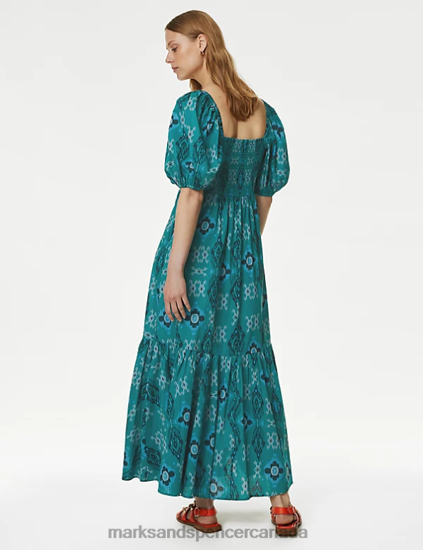 Women Blue Mix Clothing Marks & Spencer Pure Cotton Printed Maxi Tiered Dress 20VTD1874 - Marks and Spencer outlet