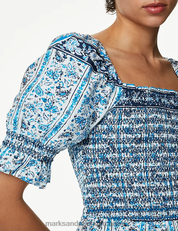 Women Blue Mix Clothing Marks & Spencer Pure Cotton Printed Square Neck Midi Dress 20VTD2137 - Marks and Spencer online