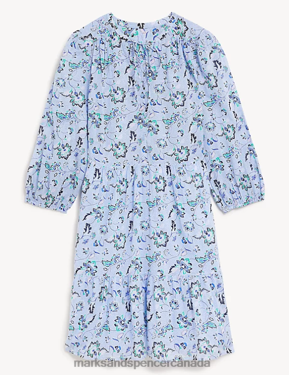Marks and Spencer Canada - Women Blue Mix Clothing Marks & Spencer Pure Cotton Printed Tie Neck Mini Dress 20VTD594